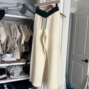 Wide Leg Knit Sweatpants in Cream with Dark Green Waistband